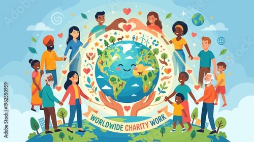 Diverse people join hands for charity work.