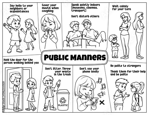 Public manners and social etiquette activity sheet for kids. Educational coloring page with children showing polite behavior in public places, vector line art