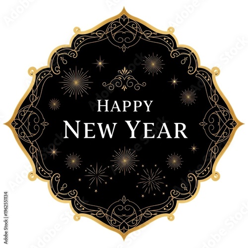 Elegant Happy New Year greeting card banner with golden ornate frame, fireworks, and decorative elements on a black background