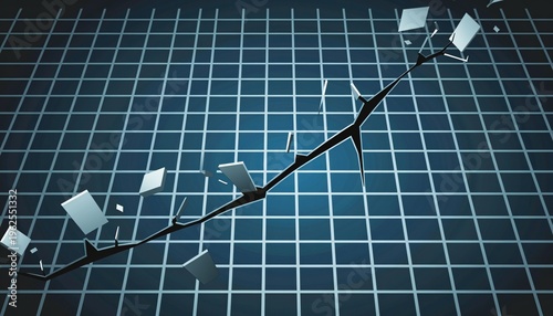 Sharp Business Graph with Cracked Grid and Shattered Blocks on Blue Background for Finance and Economic Concepts