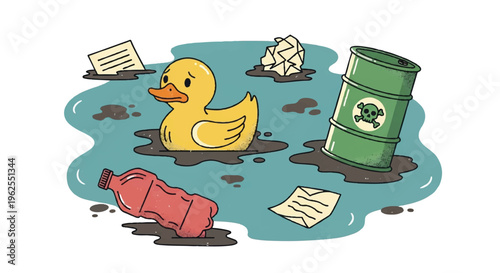 Pollution concept illustration rubber duck in toxic water with waste