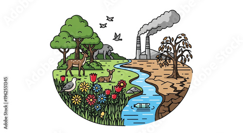 Environmental illustration showing contrast between healthy nature and pollution