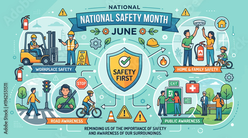 National Safety Month infographic highlighting workplace and general safety tips.
