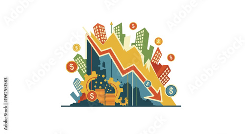 Economic downturn illustration financial crisis and market decline concept