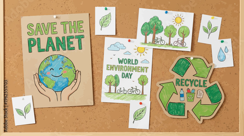 Environmental awareness posters on bulletin board.