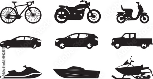 Diverse range of transportation vehicle black silhouettes including land, water, and snow types