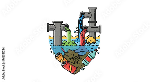 Pollution illustration water contamination with waste and industrial discharge