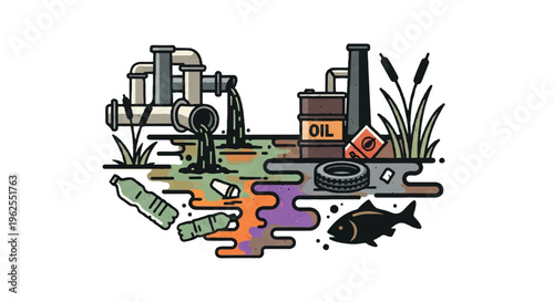 Pollution illustration featuring industrial buildings and contaminated water