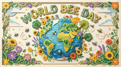 World Bee Day illustration with globe and flowers.