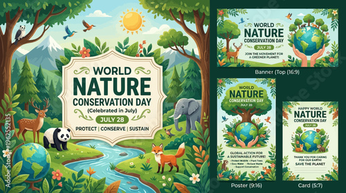 World Nature Conservation Day illustration with animals and plants.