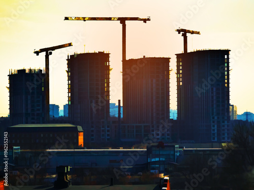 Construction cranes building modern offices illustration