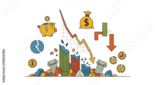 Financial crisis illustration with declining arrow and broken structures