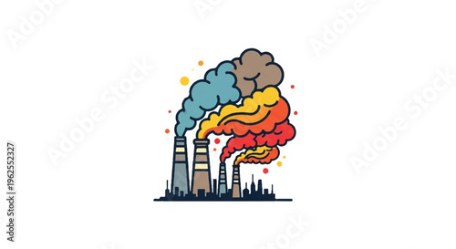 Industrial pollution illustration with colorful smoke and chimneys