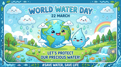 World Water Day illustration with cartoon Earth and water drop characters.