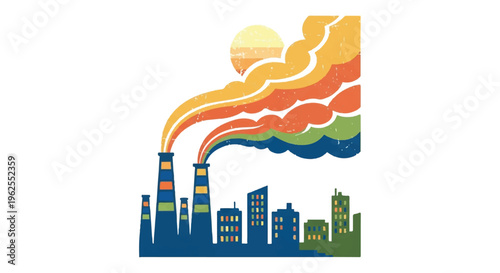 Colorful industrial cityscape illustration with smoke and sunlight