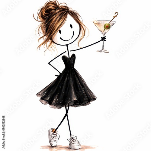 A whimsical stick figure young woman with styled hair, dressed in a black dress and sneakers, exudes playful elegance while holding a martini glass