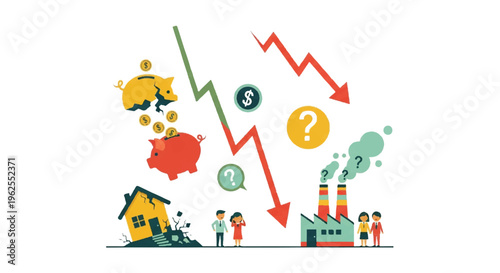 Economic downturn illustration with financial symbols and downward arrows