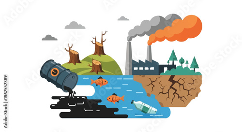 Environmental pollution illustration factory smoke oil spill deforestation