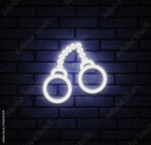 Neon handcuffs icon shining in white light on brick background. Strong outline conveys passion and daring lifestyle concept. Suitable for club decor, themed posters, or bold design projects.