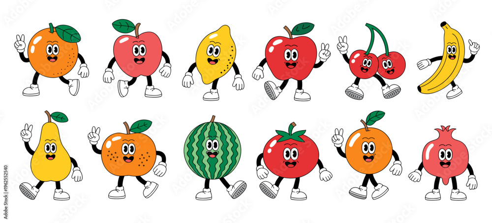 Fototapeta premium Cute Dancing Fruit Characters Cartoon Set – Fun Healthy Food Illustrations