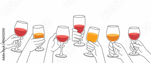 Cheers Hands with Wine and Beer Glasses – Celebration Toast Vector Illustration