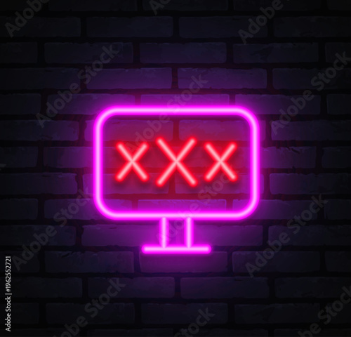 Neon monitor with triple X sign glowing in pink and red. Bright screen design suggests adult content platform. Perfect for website banners, nightlife ads