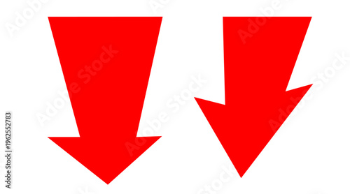 Two bold red downward pointing directional arrow graphic elements isolated on a white background illustration
