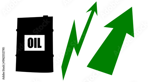 Vector illustration showing a black oil barrel with rising green arrows, representing increasing prices and market surge.