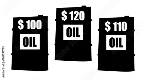 Three black oil barrels displaying different fluctuating crude oil prices in US dollars vector graphic