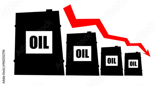 Vector graphic illustration depicting declining global oil prices and market demand with barrels