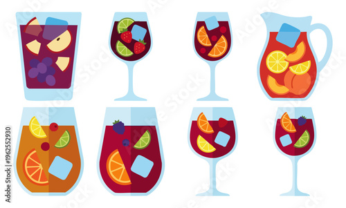 SANGRIA GLASS - Chilled wine with floating fruit and an ice cube  Flat Vector Illustration on Transparent Background