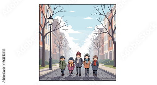 Family stroll on a winter day in the city with bare trees and cloudy sky