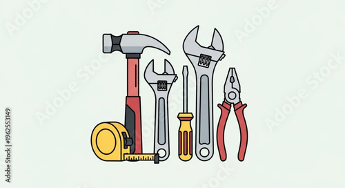 Illustration of Essential Hand Tools - Hammer, Wrenches, Pliers, Screwdriver, and Tape Measure.