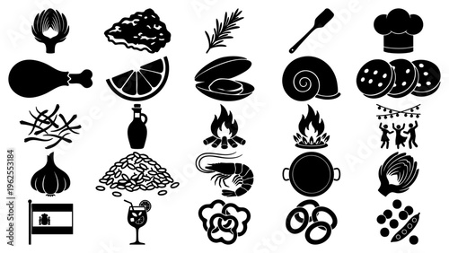National Spanish Paella Day Icon Set Blake Flat Vector Illustration on Transparent Background