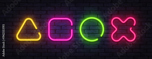 Glowing neon gaming symbols set including triangle, square, circle, and cross. Modern cyber design ideal for game interfaces, tech branding, or futuristic layouts.