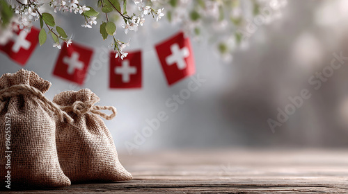 Swiss flag bunting hanging over a wooden surface with falling snow, celebrating nationalism during a country national day, symbolizing patriotism, tourism, and travel. Swiss National Day