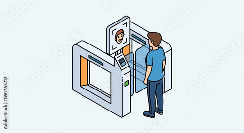 Person using facial recognition turnstile for access control.