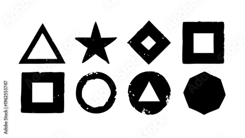 Geometric shape stamps with linocut texture. Letterpress ink and rough texture forms and figures. Square, circle, star, triangle and pentagon shapes.