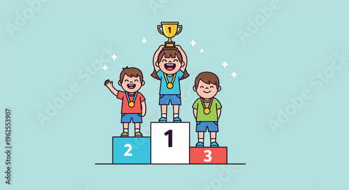 Children celebrating victory on a podium with trophies and medals.