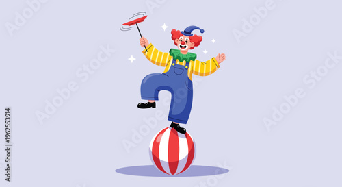 Clown balancing on a ball while spinning a plate showcasing circus performance and entertainment.