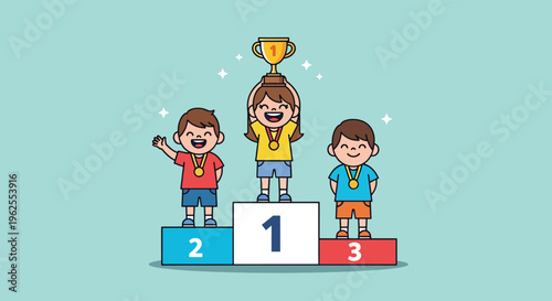 Children celebrating victory on podium with trophy and medals.