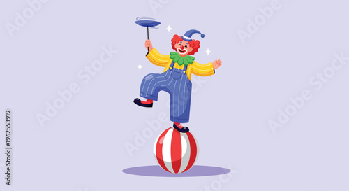 Clown balancing on a ball while spinning a plate.