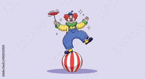 Clown balancing on a striped ball while spinning a plate.