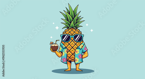 Cool Pineapple Character Wearing Sunglasses and Hawaiian Shirt.