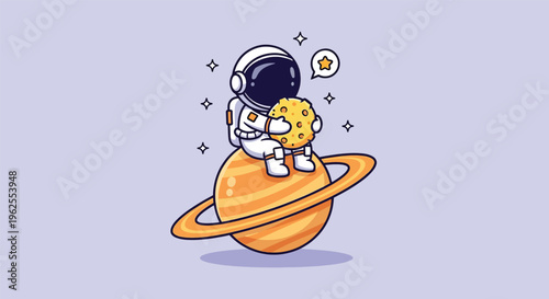 Cute Astronaut Eating Cookie While Sitting on Saturn Planet Cartoon Vector.
