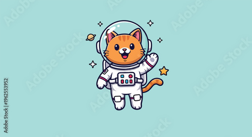 Cute Astronaut Cat Waving in Space.