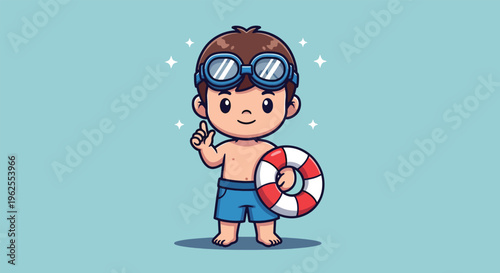 Cute Boy Swimmer with Lifebuoy and Goggles Cartoon.