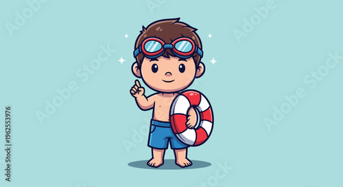 Cute Cartoon Boy with Swimming Goggles and Lifebuoy.