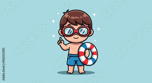 Cute Boy with Goggles and Lifebuoy Ready for Swimming.