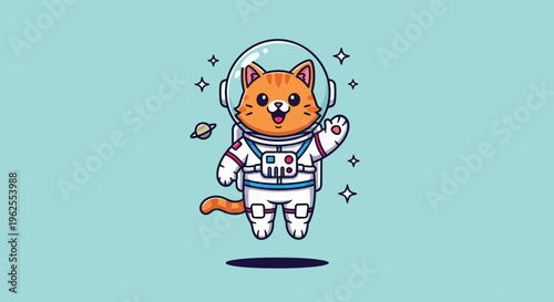Cute cartoon cat astronaut floating in outer space with stars.